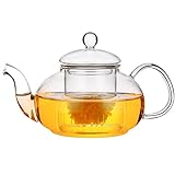 Tetera de cristal, 600 ml / 20,3 onzas de vidrio de borosilicato, con filtro de té, resistente al calor y al microondas, para té negro, té verde, té de frutas, té perfumado, filtro de té suelto