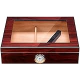 ONEEL Caja de cigarros con tapa de cristal, caja de almacenamiento de madera de cedro para escritorio con capacidad para 35 puros, humidificador de puros con higrómetro, humidificador grande duradero