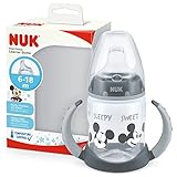 NUK First Choice+ - Botella para aprender a beber, 6 – 18 meses, 150 ml, válvula anticólicos, boquilla a prueba de fugas, mangos ergonómicos, sin BPA, ratón Disney Mickey | gris